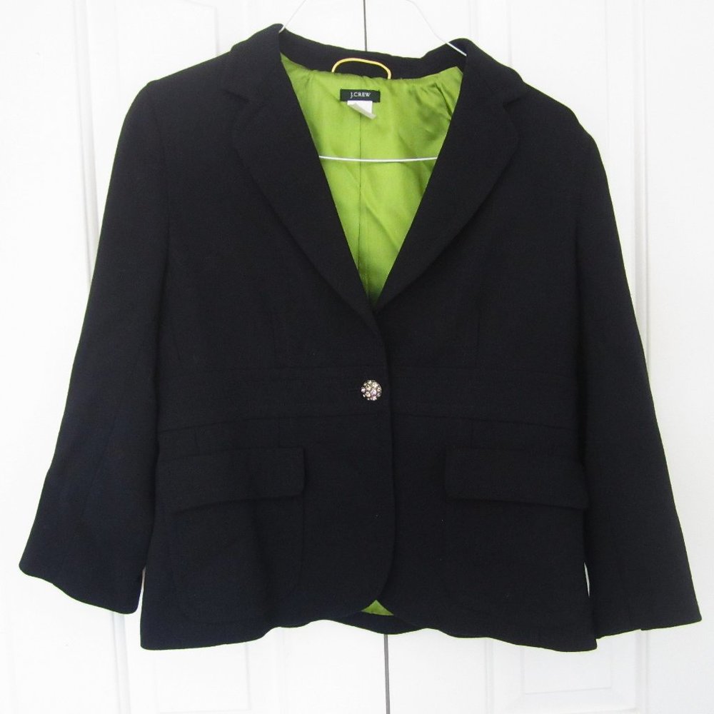 J Crew Navy Blazer Bling Cropped Structured Peplum Dark Blue Sleek Smooth V Neck